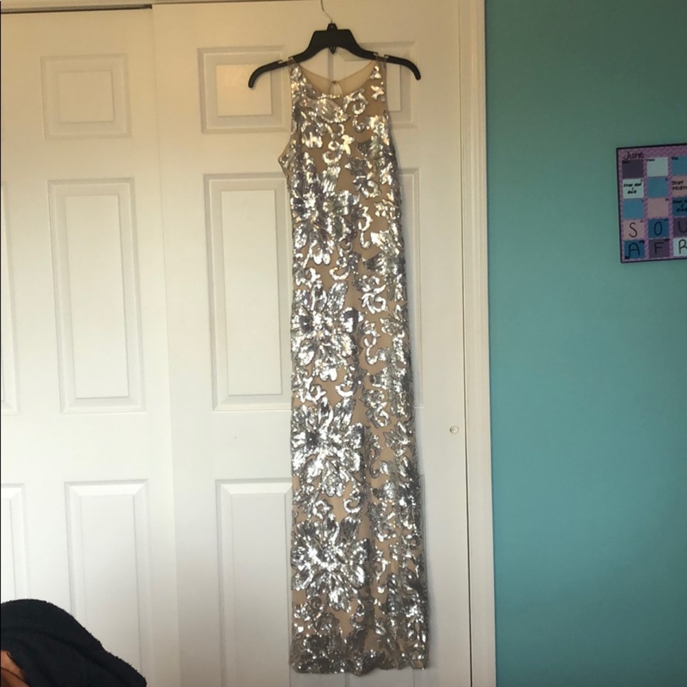 Nude and silver sequin floral prom dress